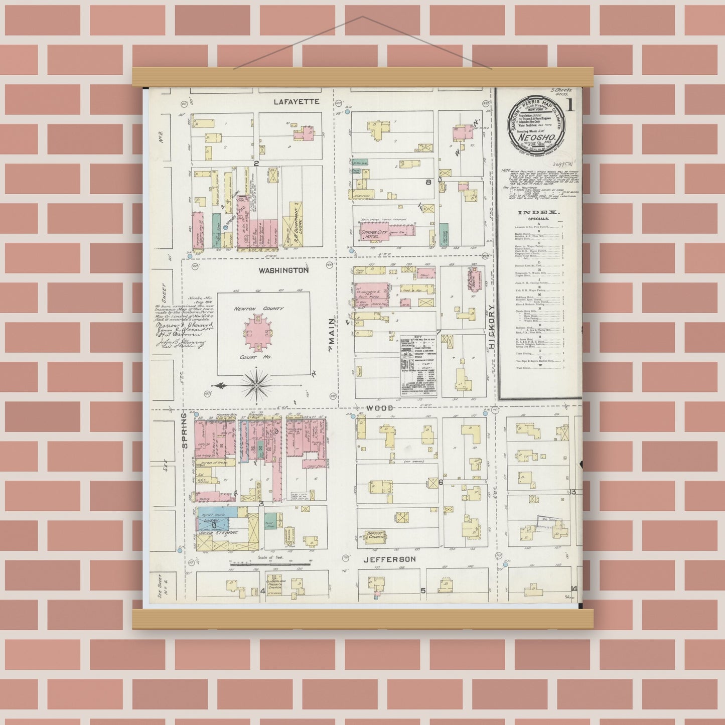 Old map wall art mockup — magnetic wood frame on brick wall — Sanborn Fire Insurance Map from Neosho, Newton County, Missouri (1891) - Complete Map Set