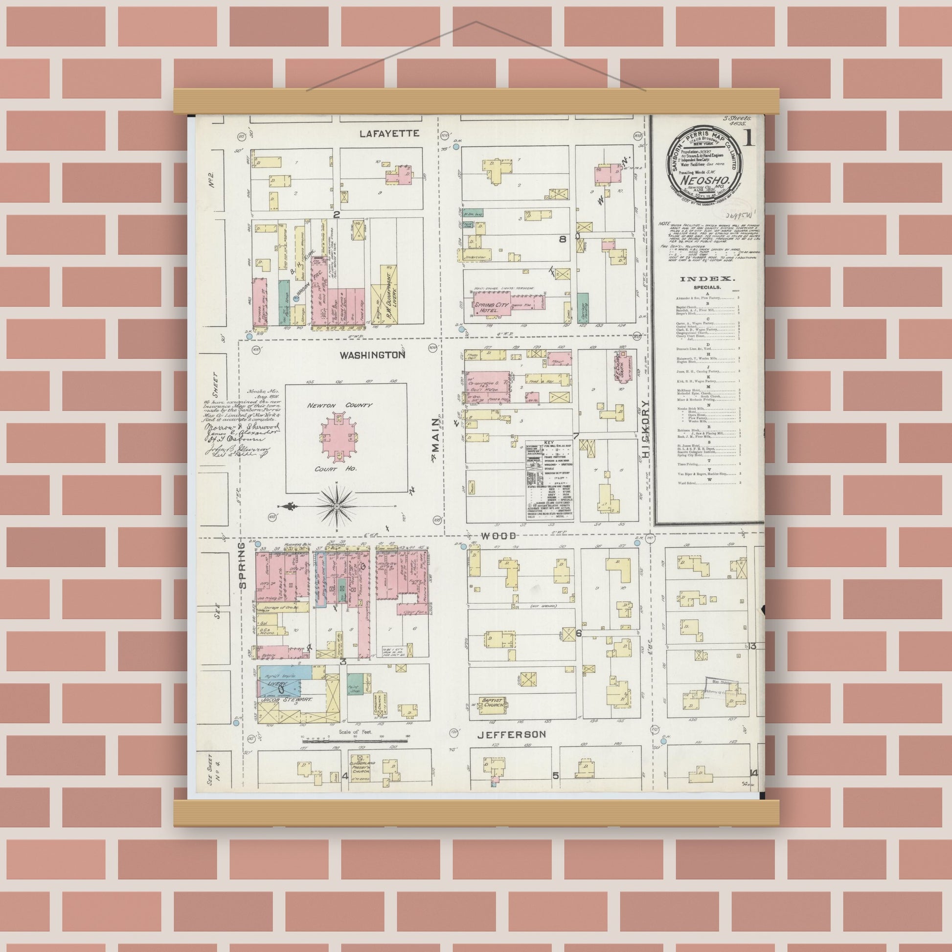 Old map wall art mockup — magnetic wood frame on brick wall — Sanborn Fire Insurance Map from Neosho, Newton County, Missouri (1891) - Complete Map Set