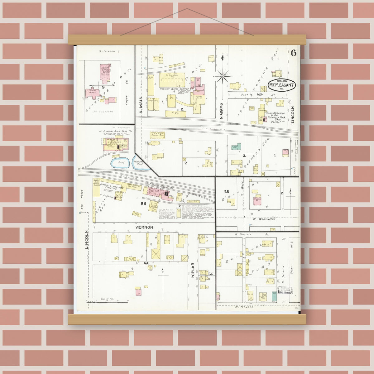 Old map wall art mockup — magnetic wood frame on brick wall — Sanborn Fire Insurance Map from Mount Pleasant, Henry County, Iowa (1892), Sheet #0006