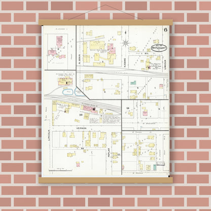 Old map wall art mockup — magnetic wood frame on brick wall — Sanborn Fire Insurance Map from Mount Pleasant, Henry County, Iowa (1892), Sheet #0006