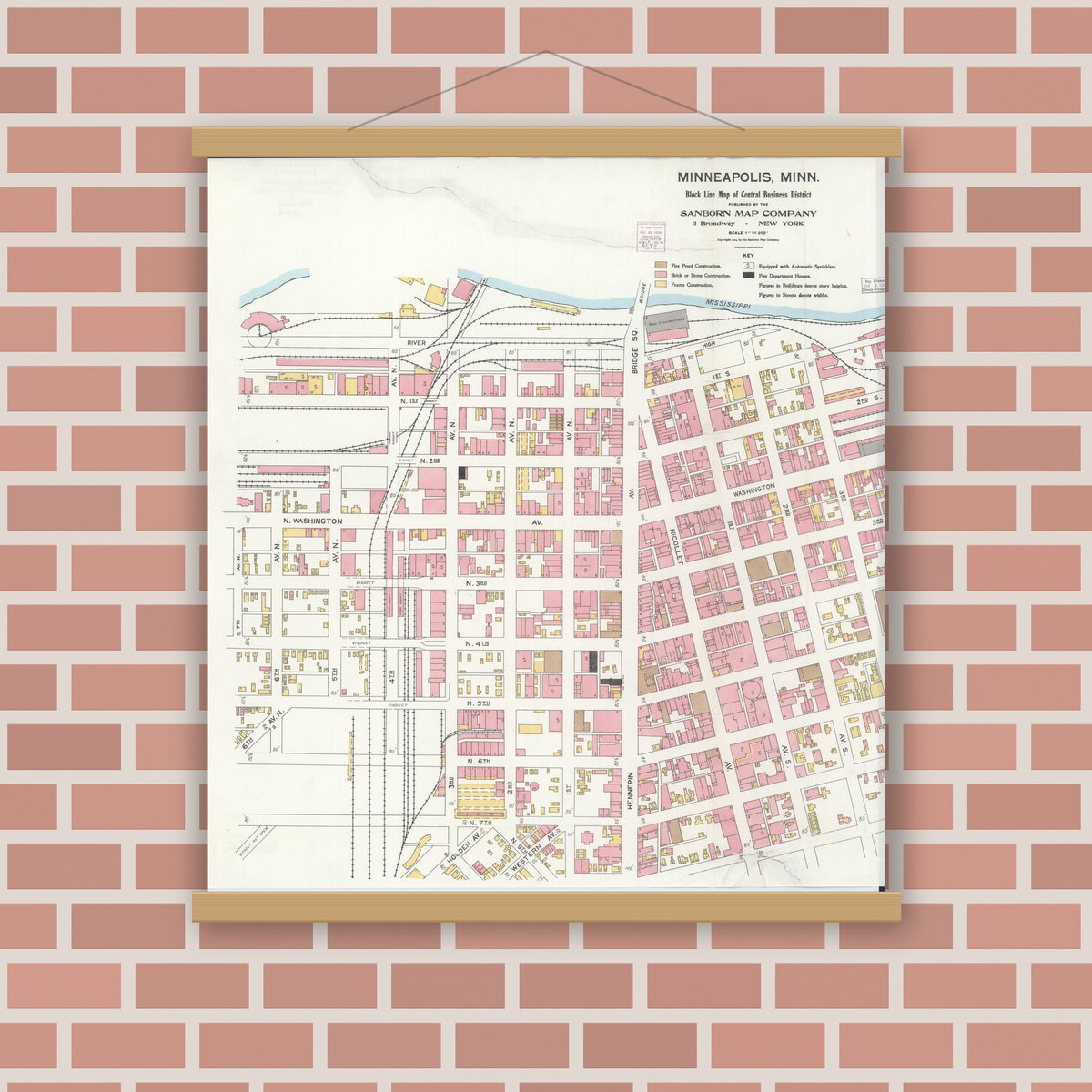 Old map wall art mockup — magnetic wood frame on brick wall — Sanborn Fire Insurance Map from Minneapolis, Hennepin County, Minnesota (1904), Sheet #0001