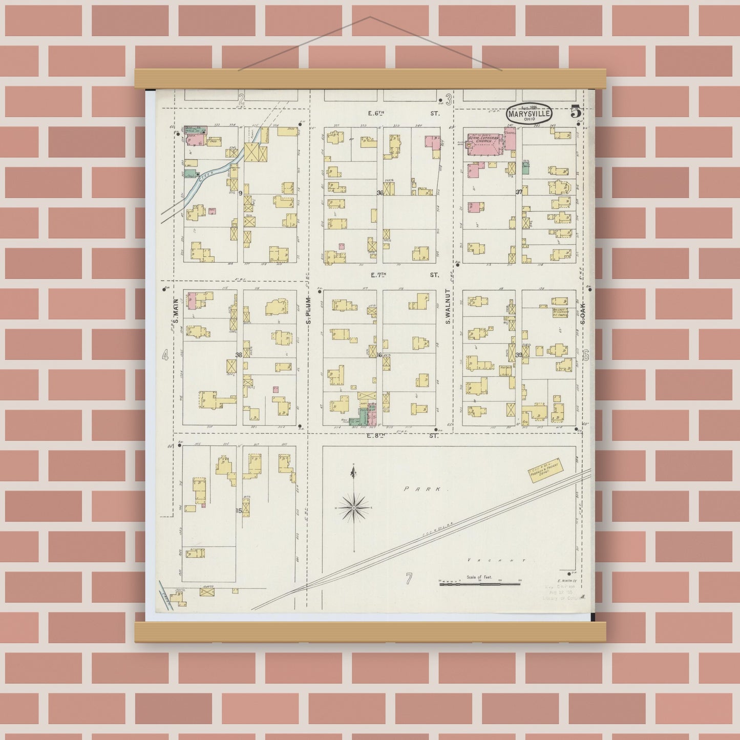 Old map wall art mockup — magnetic wood frame on brick wall — Sanborn Fire Insurance Map from Marysville, Union County, Ohio (1895), Sheet #0005