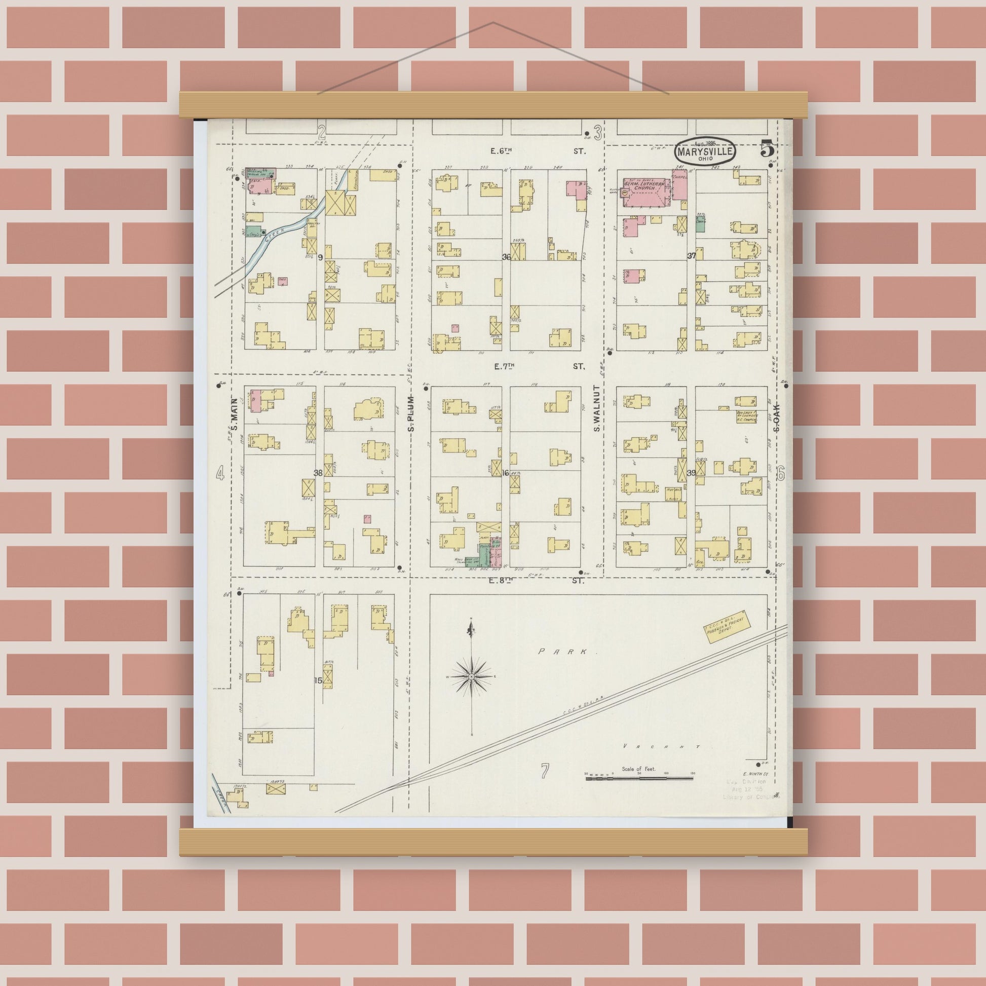 Old map wall art mockup — magnetic wood frame on brick wall — Sanborn Fire Insurance Map from Marysville, Union County, Ohio (1895), Sheet #0005
