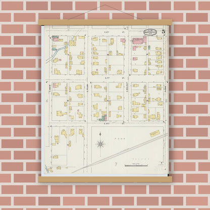 Old map wall art mockup — magnetic wood frame on brick wall — Sanborn Fire Insurance Map from Marysville, Union County, Ohio (1895), Sheet #0005
