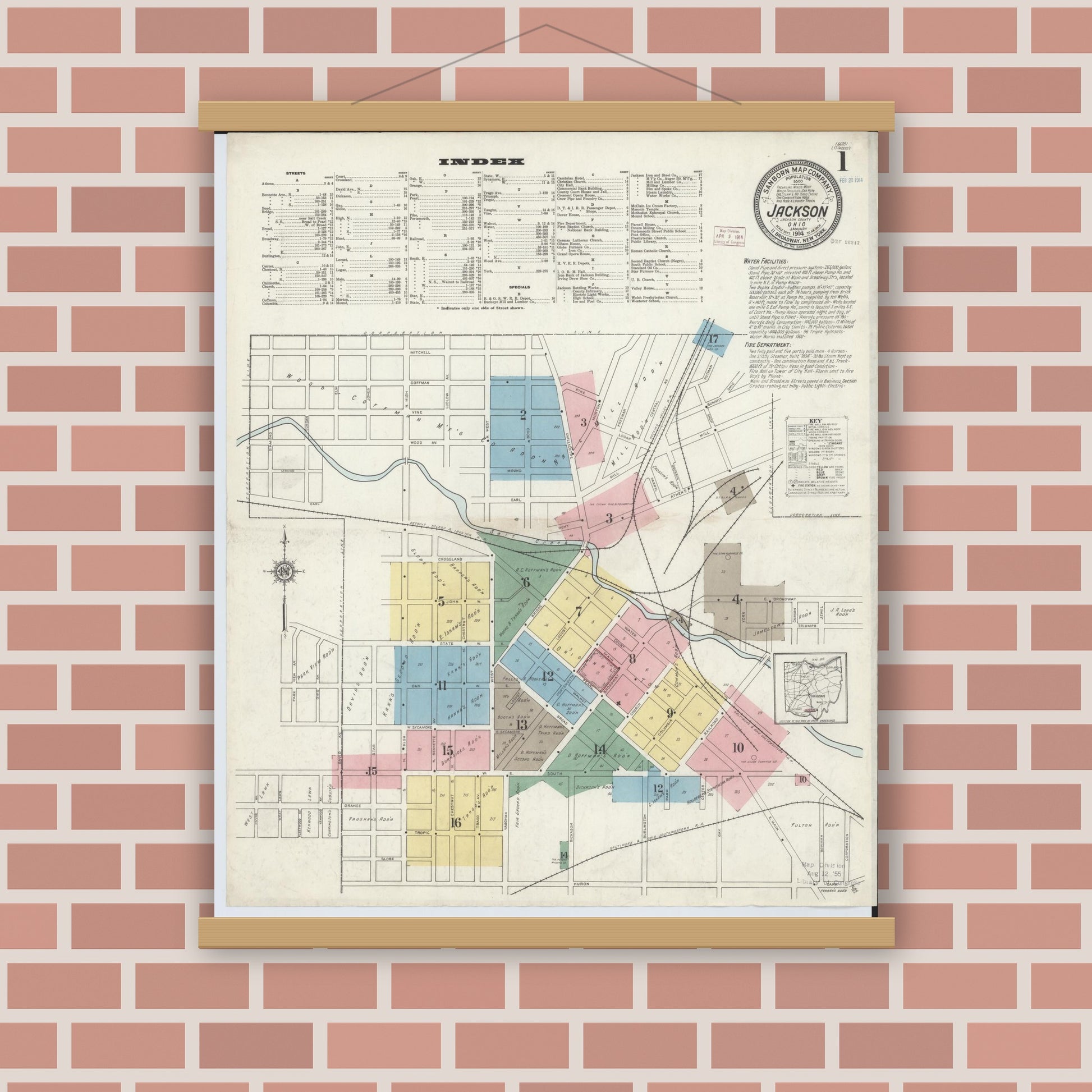 Old map wall art mockup — magnetic wood frame on brick wall — Sanborn Fire Insurance Map from Jackson, Jackson County, Ohio (1914) - Complete Map Set