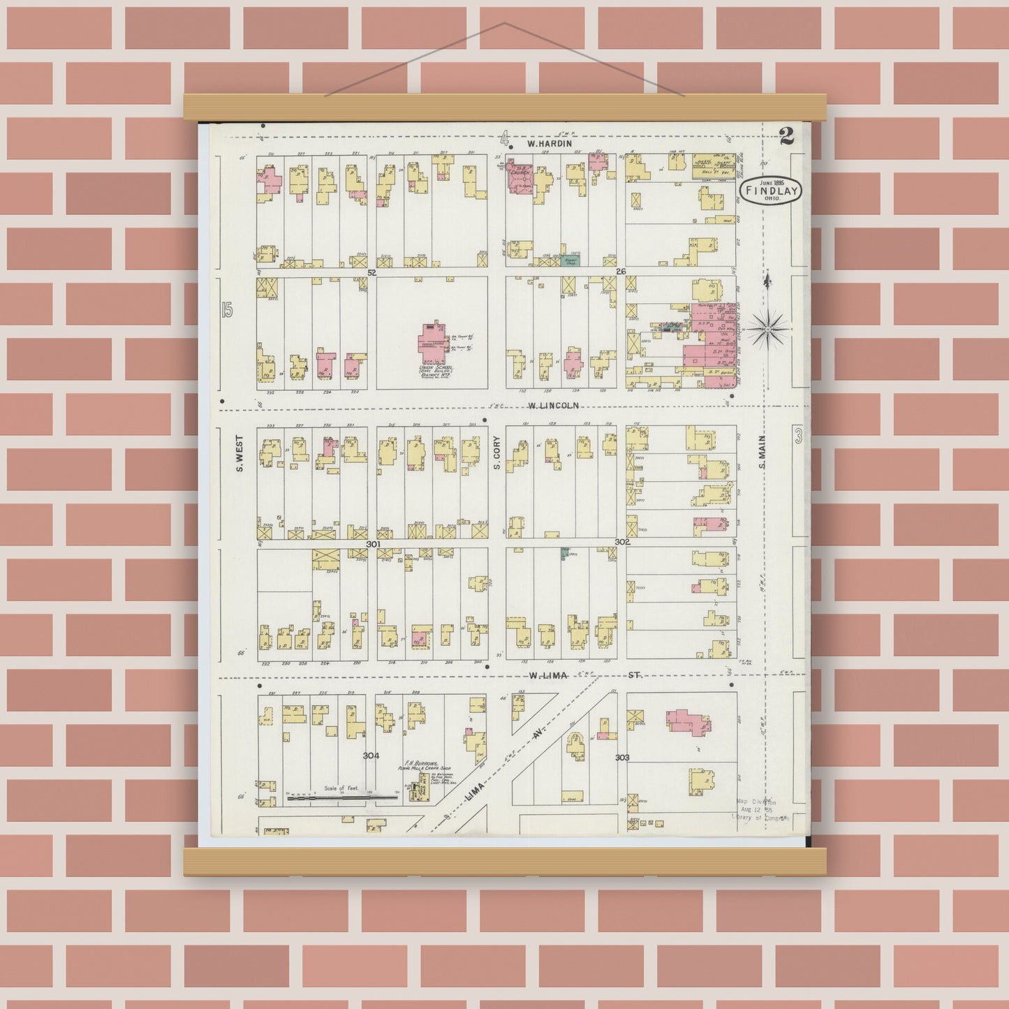 Old map wall art mockup — magnetic wood frame on brick wall — Sanborn Fire Insurance Map from Findlay, Hancock County, Ohio (1895), Sheet #0002