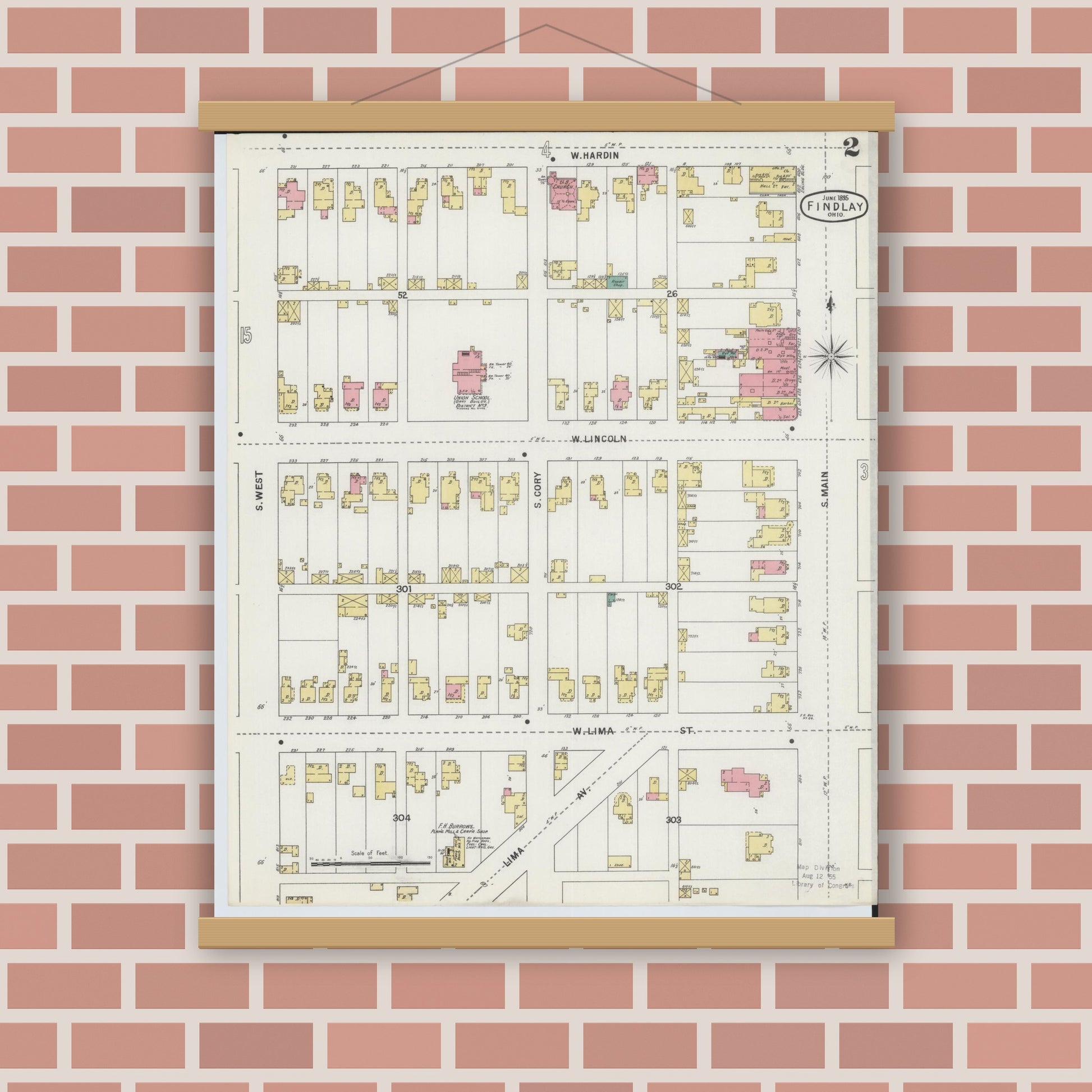 Old map wall art mockup — magnetic wood frame on brick wall — Sanborn Fire Insurance Map from Findlay, Hancock County, Ohio (1895), Sheet #0002