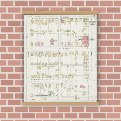 Old map wall art mockup — magnetic wood frame on brick wall — Sanborn Fire Insurance Map from Findlay, Hancock County, Ohio (1895), Sheet #0002