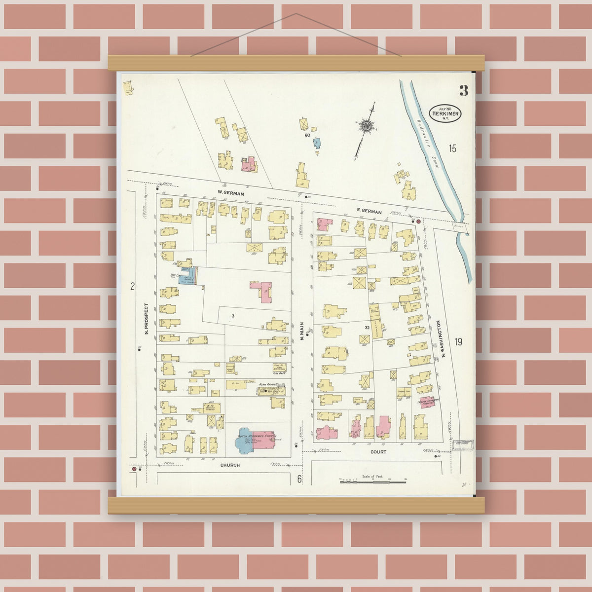 Old map wall art mockup — magnetic wood frame on brick wall — Sanborn Fire Insurance Map from Herkimer, Herkimer County, New York (1911), Sheet #0003