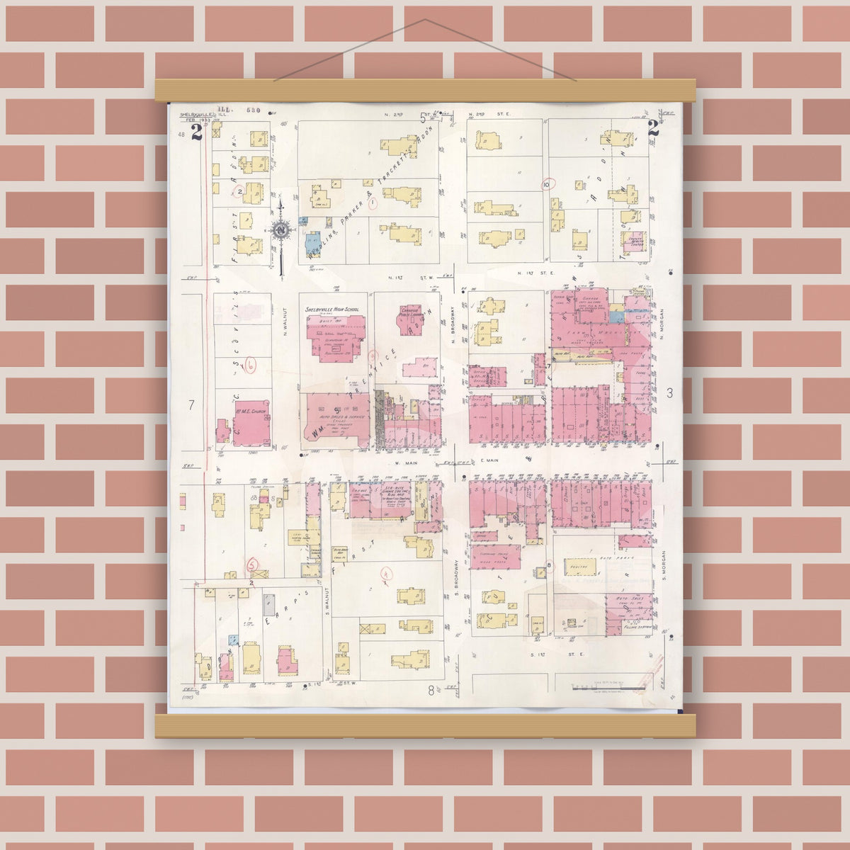 Old map wall art mockup — magnetic wood frame on brick wall — Sanborn Fire Insurance Map from Shelbyville, Shelby County, Illinois (1941), Sheet #0002
