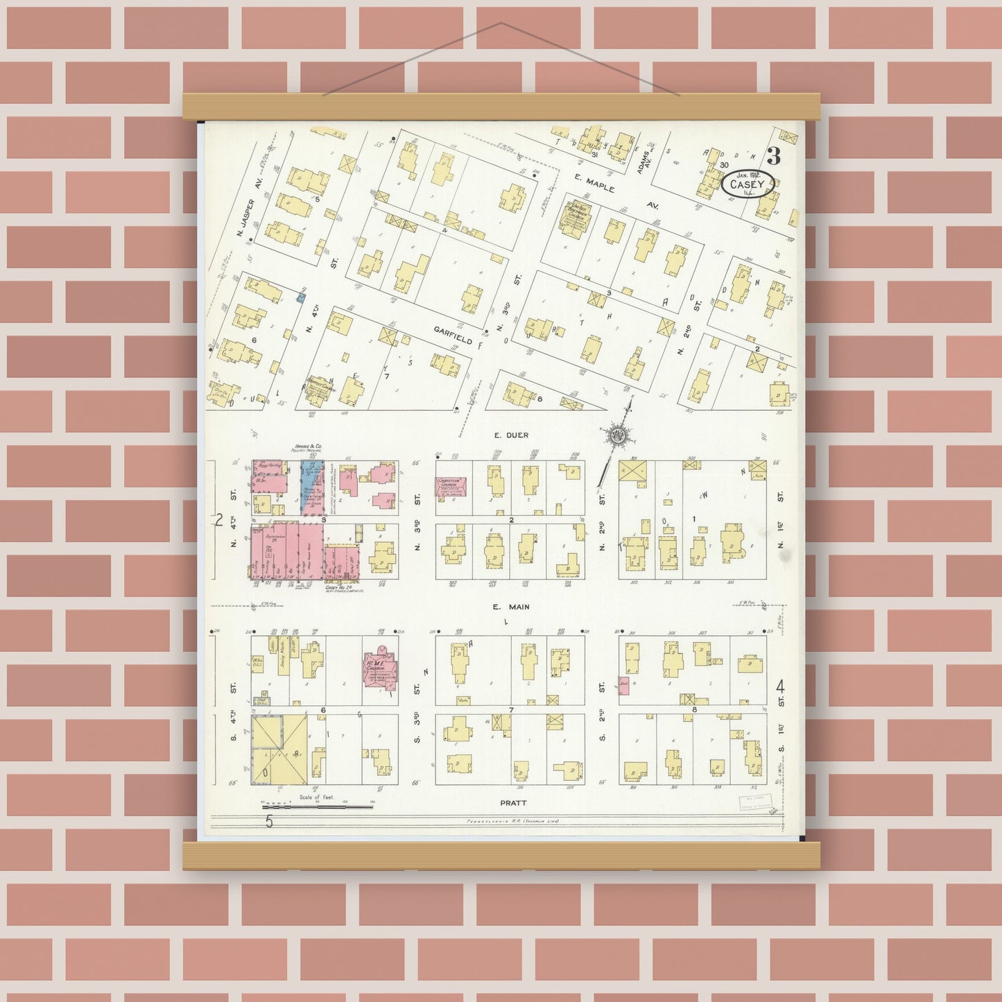 Old map wall art mockup — magnetic wood frame on brick wall — Sanborn Fire Insurance Map from Casey, Clark County, Illinois (1912), Sheet #0003