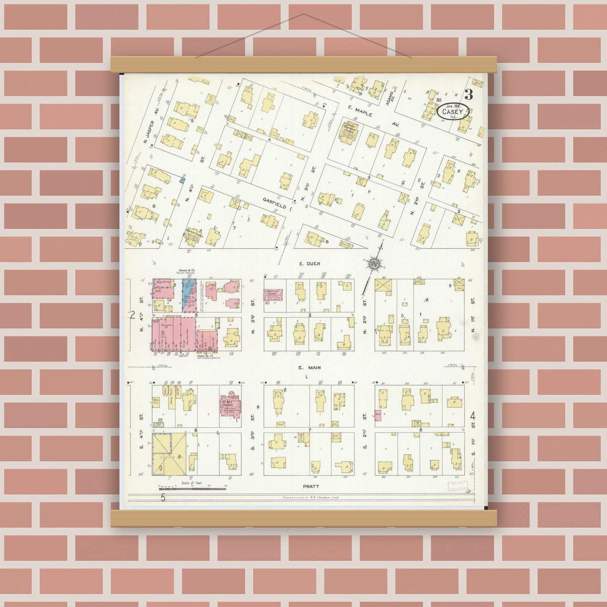Old map wall art mockup — magnetic wood frame on brick wall — Sanborn Fire Insurance Map from Casey, Clark County, Illinois (1912), Sheet #0003