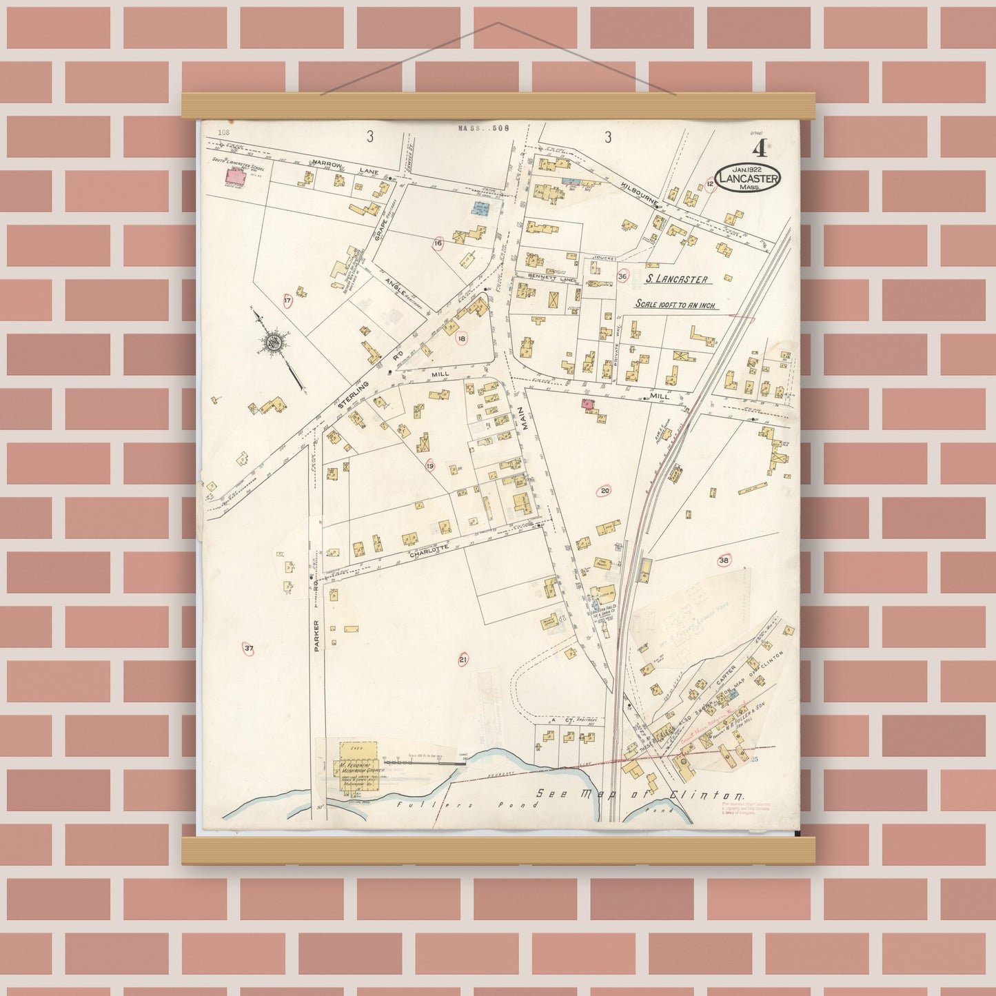 Old map wall art mockup — magnetic wood frame on brick wall — Sanborn Fire Insurance Map from Lancaster, Worcester County, Massachusetts (1945), Sheet #0004