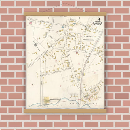 Old map wall art mockup — magnetic wood frame on brick wall — Sanborn Fire Insurance Map from Lancaster, Worcester County, Massachusetts (1945), Sheet #0004