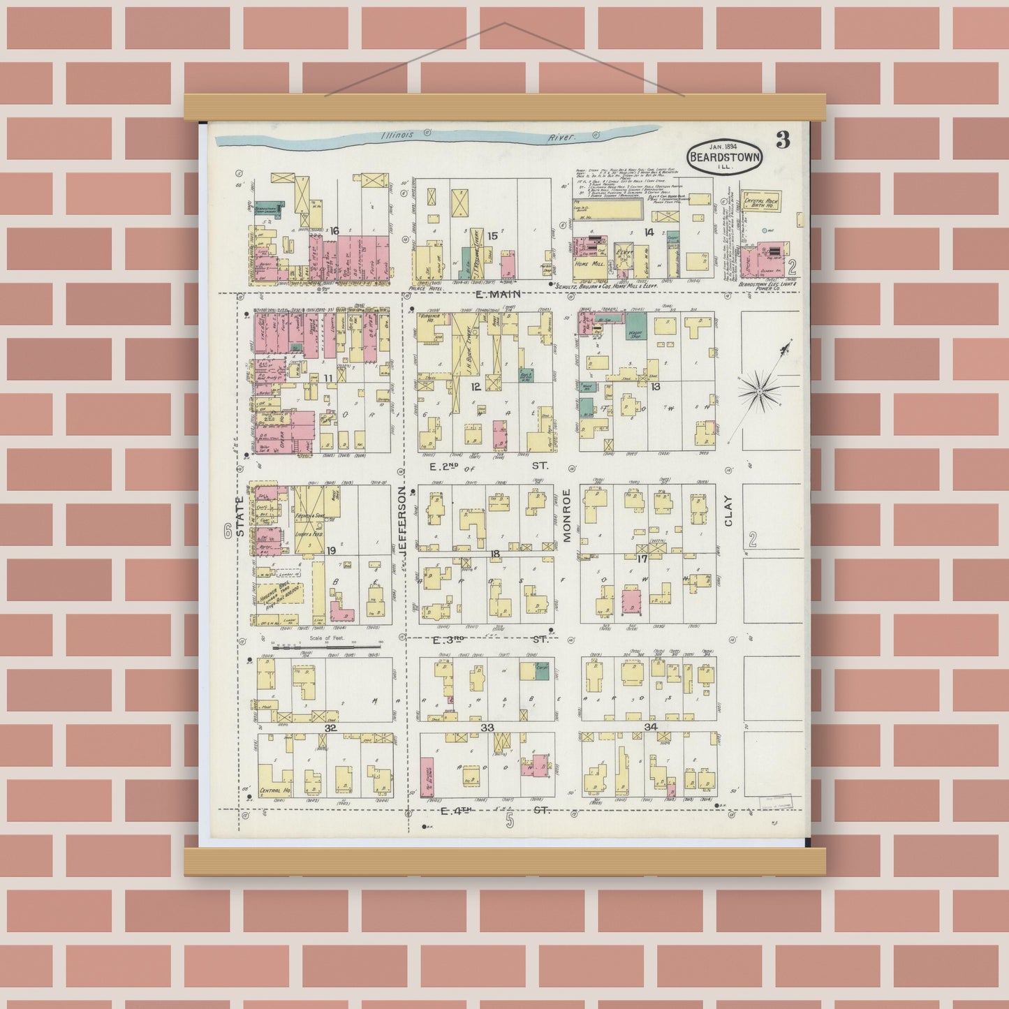 Old map wall art mockup — magnetic wood frame on brick wall — Sanborn Fire Insurance Map from Beardstown, Cass County, Illinois (1894), Sheet #0003