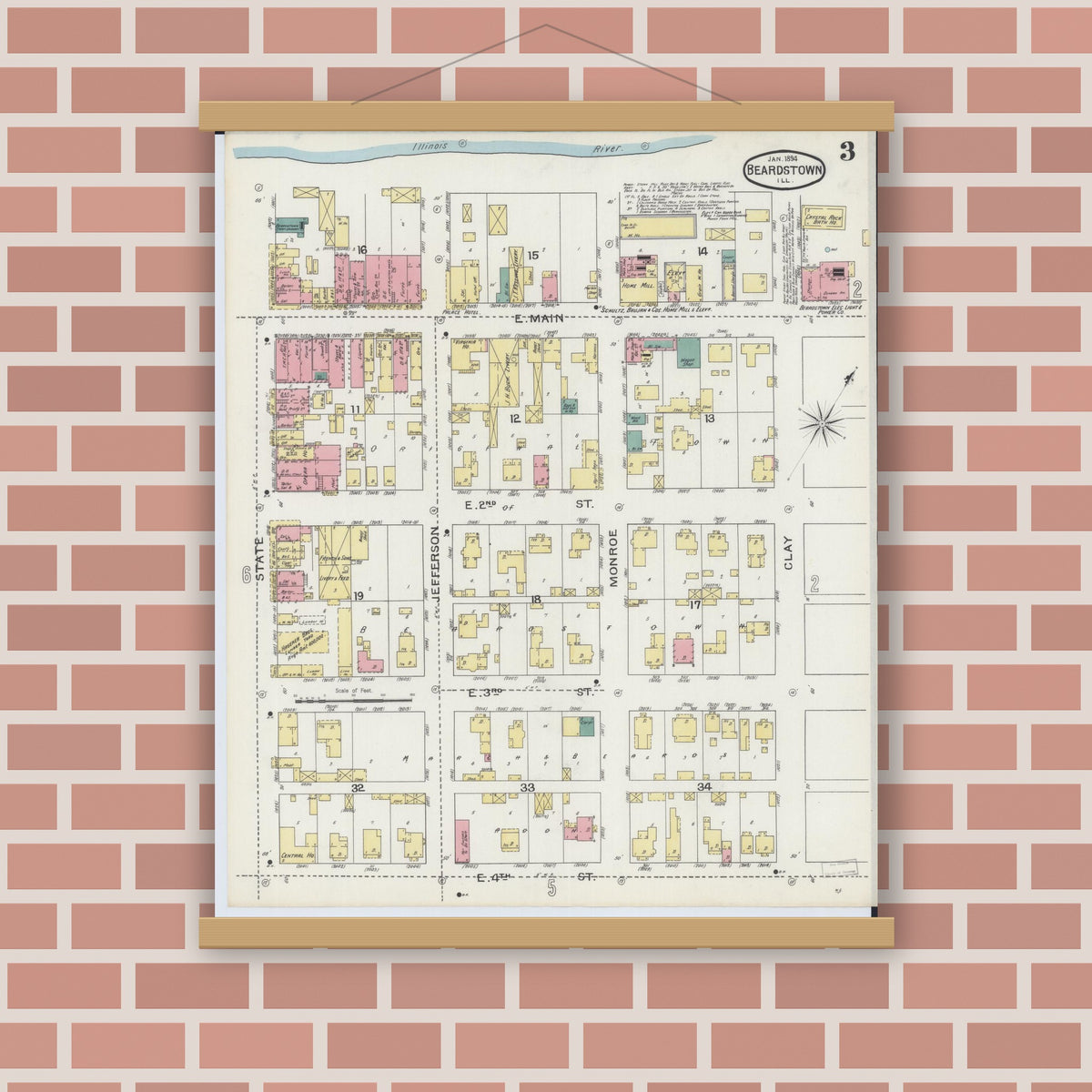 Old map wall art mockup — magnetic wood frame on brick wall — Sanborn Fire Insurance Map from Beardstown, Cass County, Illinois (1894), Sheet #0003