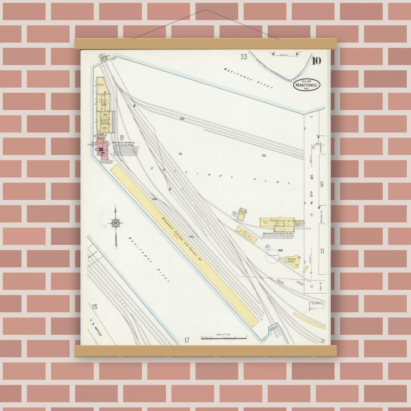 Old map wall art mockup — magnetic wood frame on brick wall — Sanborn Fire Insurance Map from Manitowoc, Manitowoc County, Wisconsin (1912), Sheet #0010