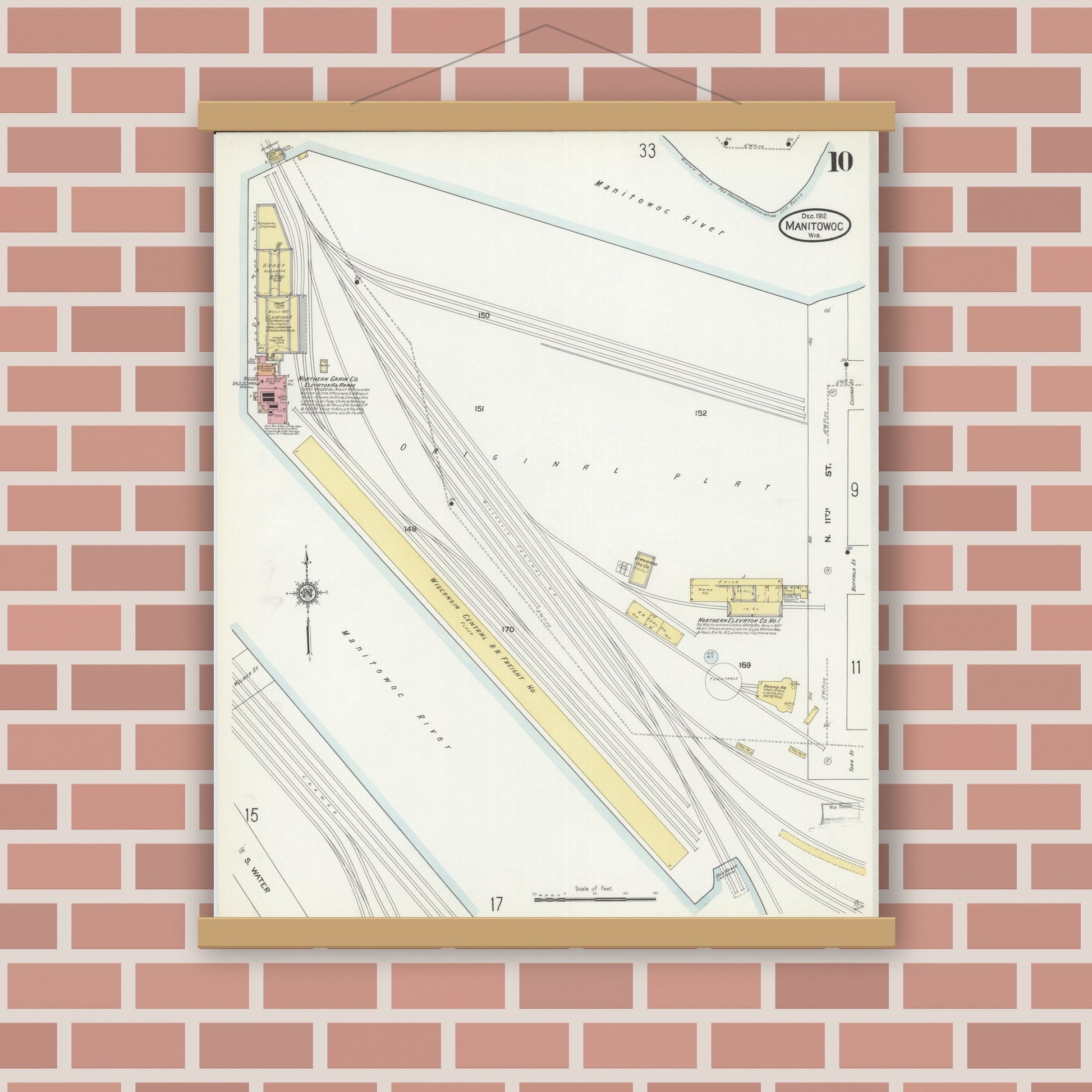 Old map wall art mockup — magnetic wood frame on brick wall — Sanborn Fire Insurance Map from Manitowoc, Manitowoc County, Wisconsin (1912), Sheet #0010