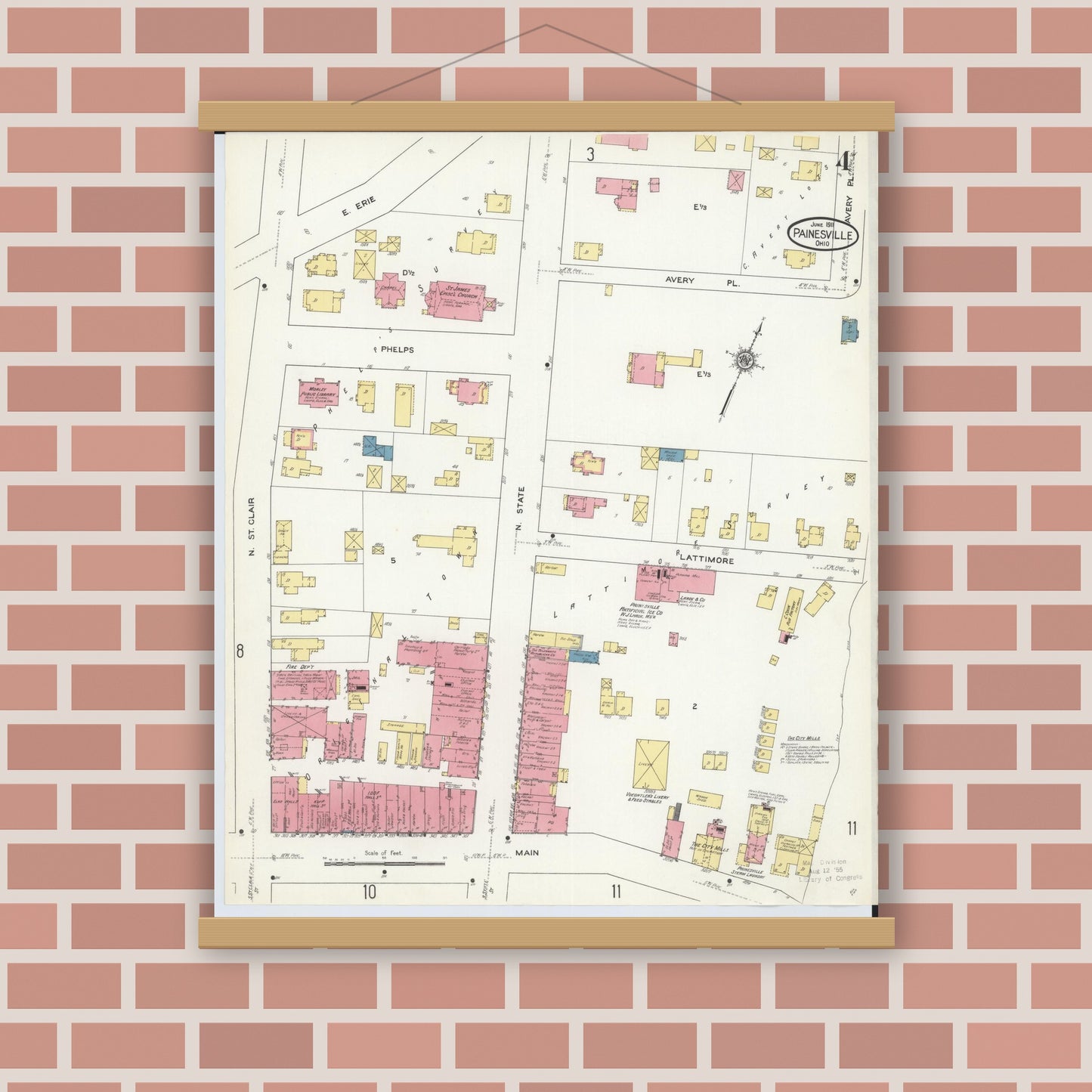 Old map wall art mockup — magnetic wood frame on brick wall — Sanborn Fire Insurance Map from Painesville, Lake County, Ohio (1911), Sheet #0004