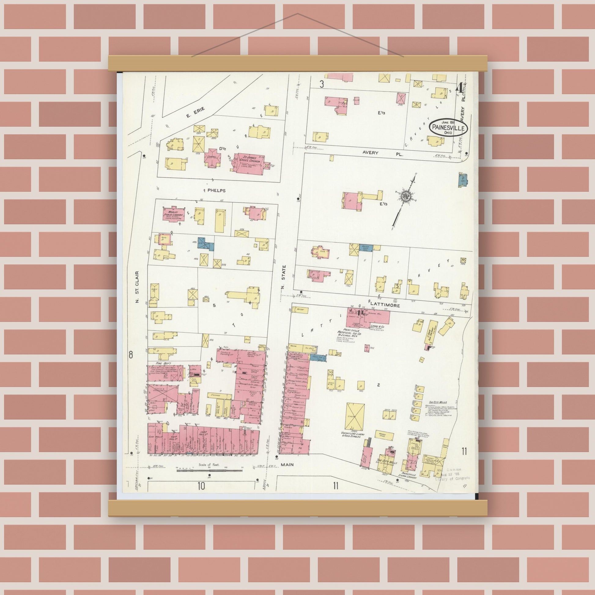 Old map wall art mockup — magnetic wood frame on brick wall — Sanborn Fire Insurance Map from Painesville, Lake County, Ohio (1911), Sheet #0004