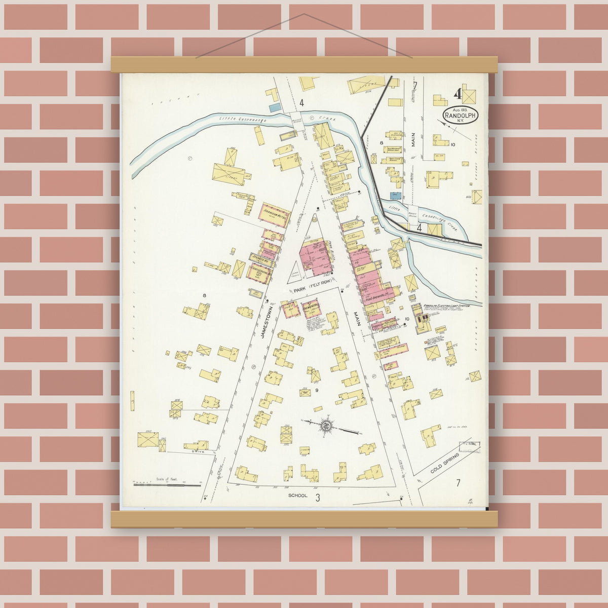 Old map wall art mockup — magnetic wood frame on brick wall — Sanborn Fire Insurance Map from Randolph, Cattaraugus County, New York (1913), Sheet #0004