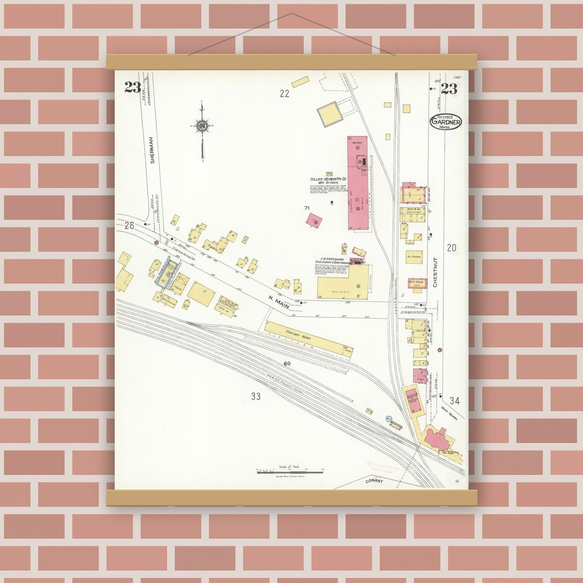 Old map wall art mockup — magnetic wood frame on brick wall — Sanborn Fire Insurance Map from Gardner, Worcester County, Massachusetts (1923), Sheet #0023