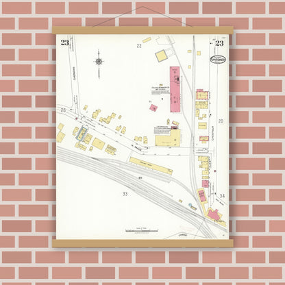 Old map wall art mockup — magnetic wood frame on brick wall — Sanborn Fire Insurance Map from Gardner, Worcester County, Massachusetts (1923), Sheet #0023