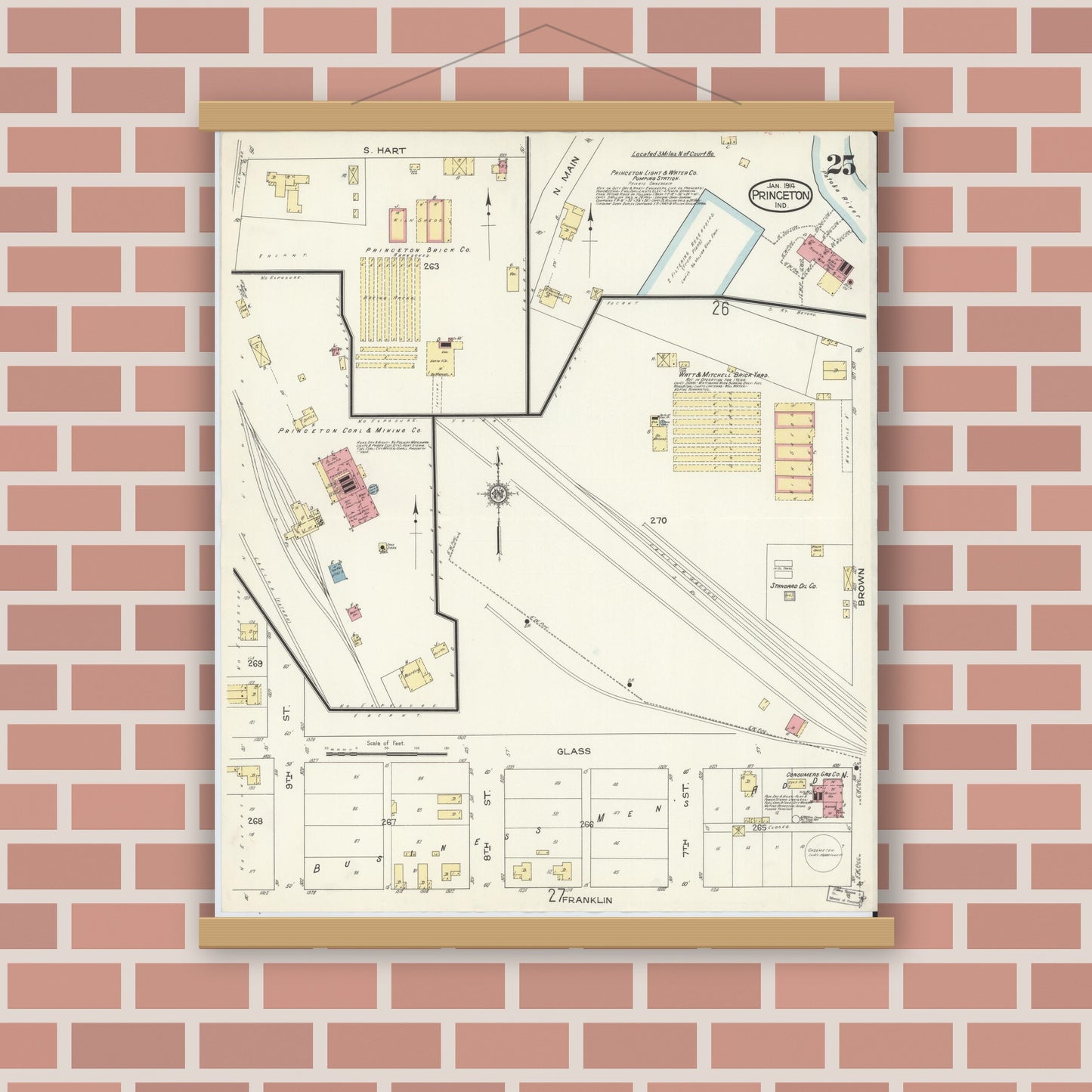 Old map wall art mockup — magnetic wood frame on brick wall — Sanborn Fire Insurance Map from Princeton, Gibson County, Indiana (1914), Sheet #0025