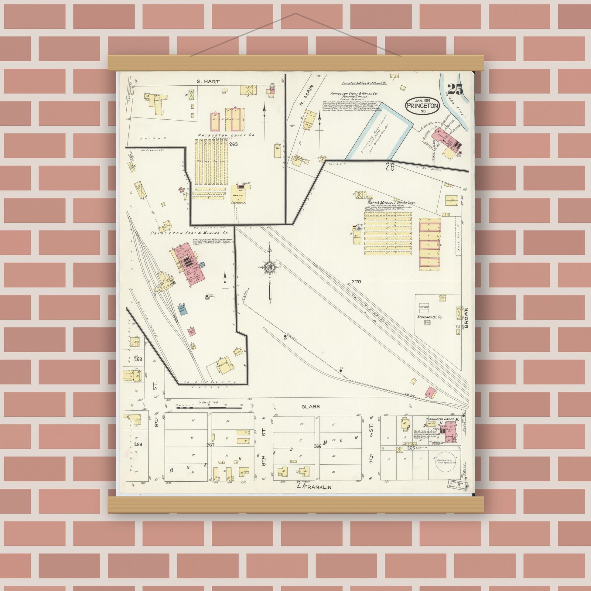 Old map wall art mockup — magnetic wood frame on brick wall — Sanborn Fire Insurance Map from Princeton, Gibson County, Indiana (1914), Sheet #0025