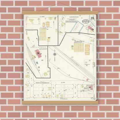 Old map wall art mockup — magnetic wood frame on brick wall — Sanborn Fire Insurance Map from Princeton, Gibson County, Indiana (1914), Sheet #0025