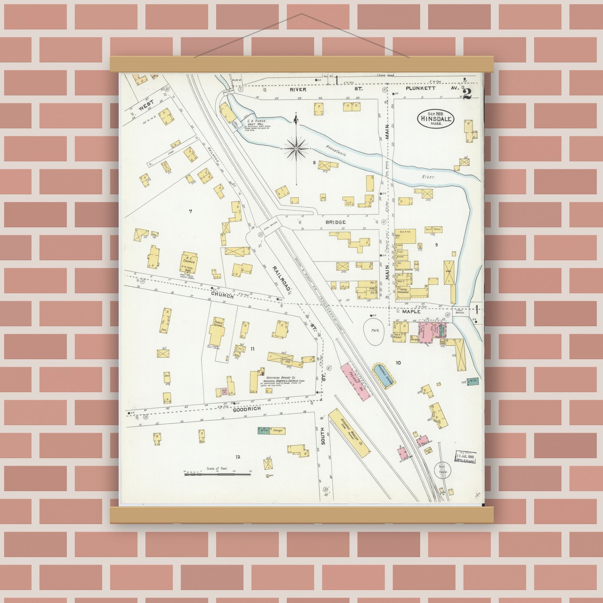 Old map wall art mockup — magnetic wood frame on brick wall — Sanborn Fire Insurance Map from Hinsdale, Berkshire County, Massachusetts (1905), Sheet #0002