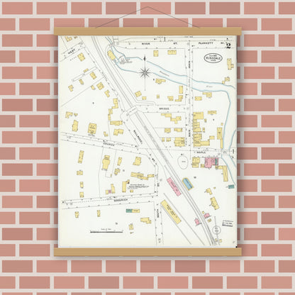 Old map wall art mockup — magnetic wood frame on brick wall — Sanborn Fire Insurance Map from Hinsdale, Berkshire County, Massachusetts (1905), Sheet #0002