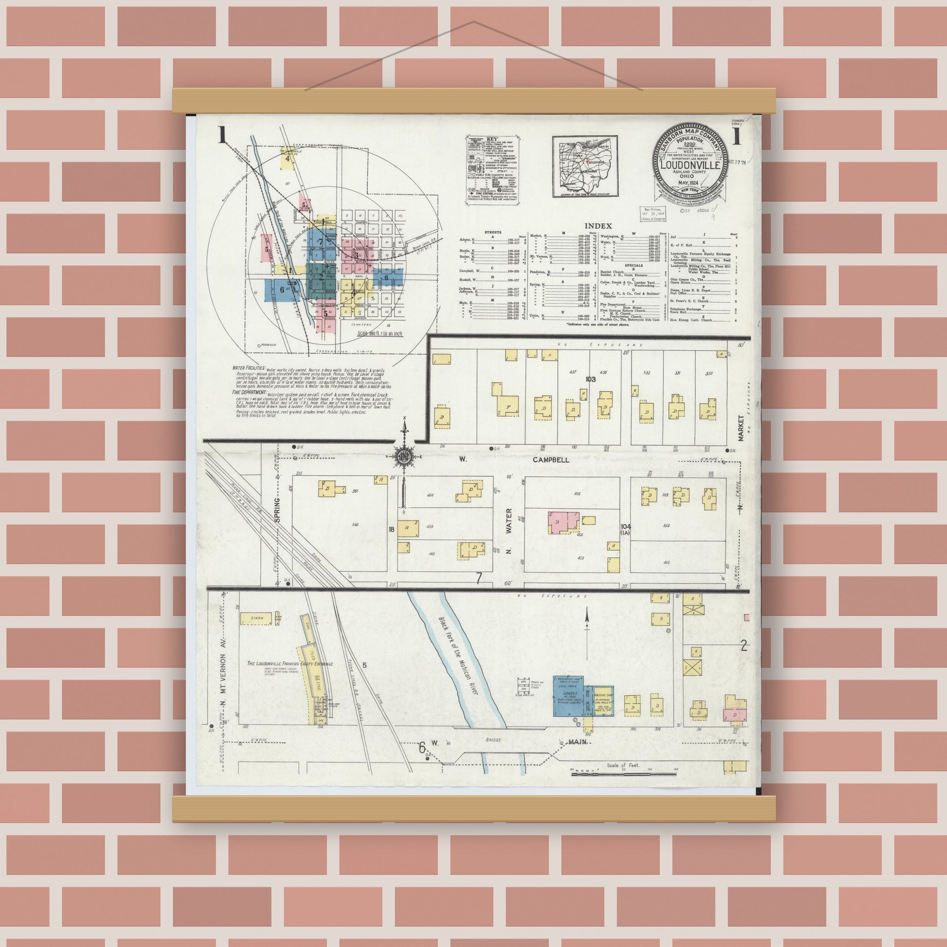 Old map wall art mockup — magnetic wood frame on brick wall — Sanborn Fire Insurance Map from Loudonville, Ashland County, Ohio (1924), Sheet #0001