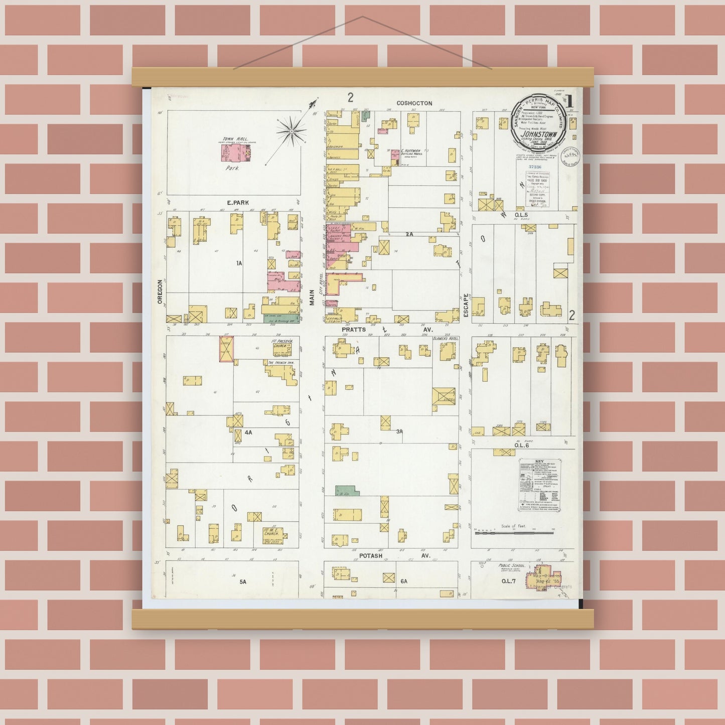 Old map wall art mockup — magnetic wood frame on brick wall — Sanborn Fire Insurance Map from Johnstown, Licking County, Ohio (1900), Sheet #0001