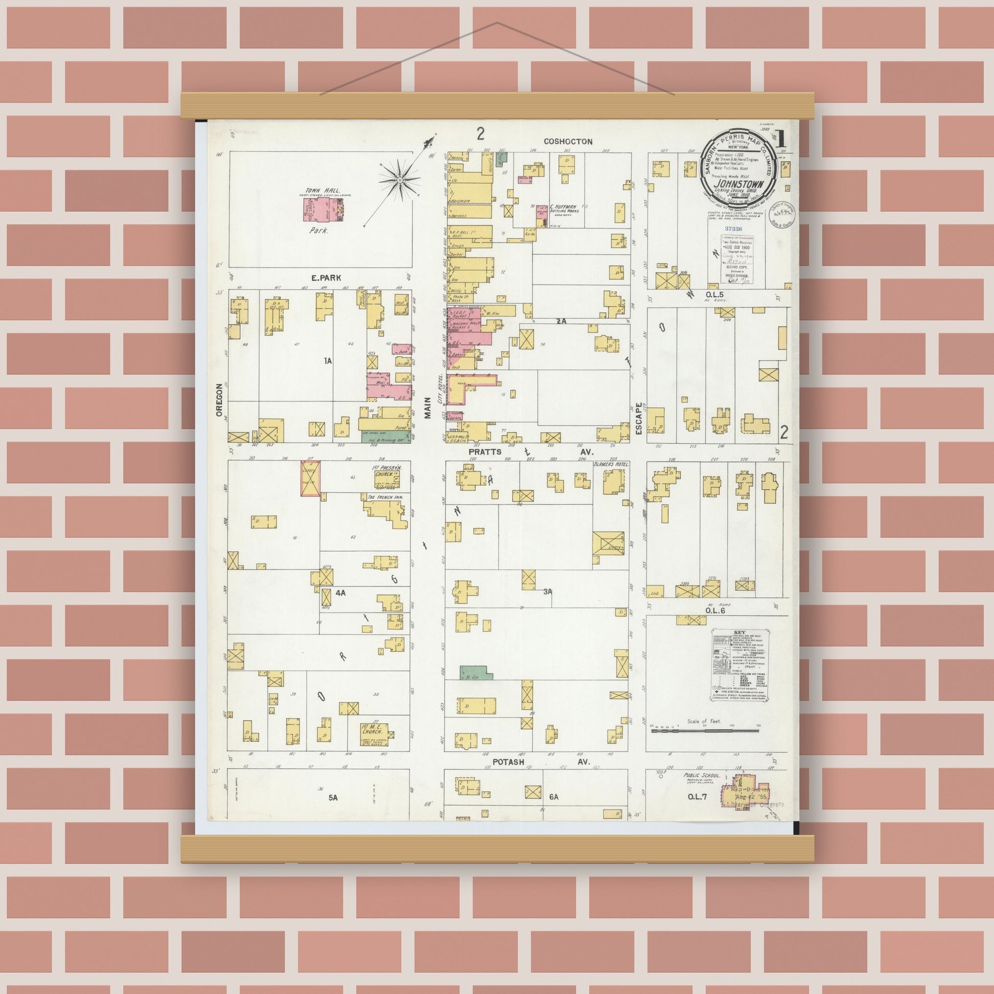 Old map wall art mockup — magnetic wood frame on brick wall — Sanborn Fire Insurance Map from Johnstown, Licking County, Ohio (1900), Sheet #0001