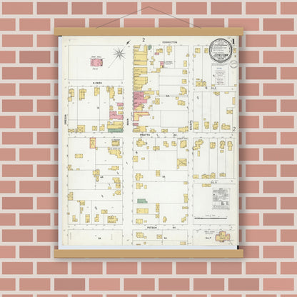 Old map wall art mockup — magnetic wood frame on brick wall — Sanborn Fire Insurance Map from Johnstown, Licking County, Ohio (1900), Sheet #0001