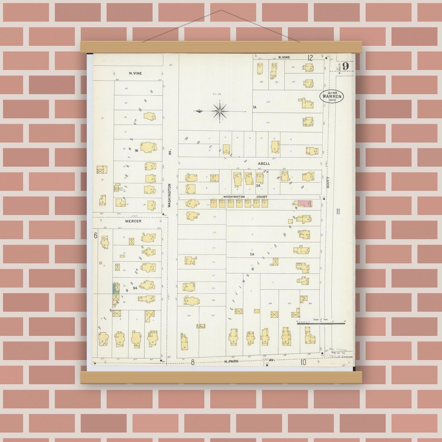Old map wall art mockup — magnetic wood frame on brick wall — Sanborn Fire Insurance Map from Warren, Trumbull County, Ohio (1902), Sheet #0009