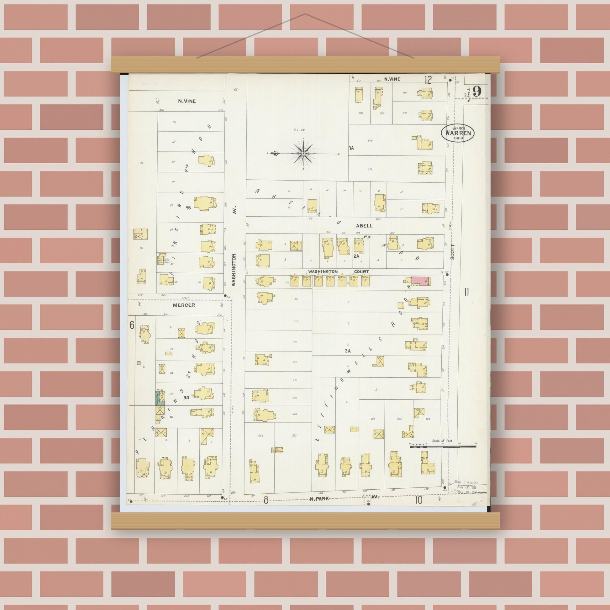 Old map wall art mockup — magnetic wood frame on brick wall — Sanborn Fire Insurance Map from Warren, Trumbull County, Ohio (1902), Sheet #0009