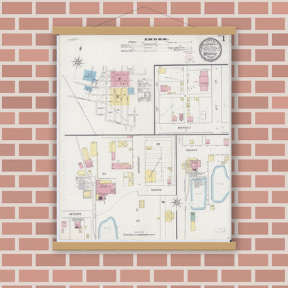 Old map wall art mockup — magnetic wood frame on brick wall — Sanborn Fire Insurance Map from Waterloo, Monroe County, Illinois (1898), Sheet #0001