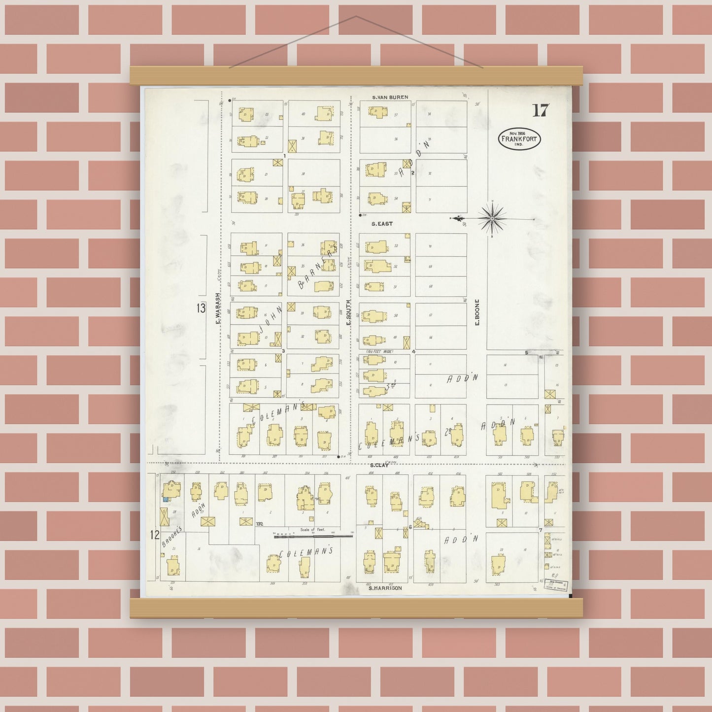 Old map wall art mockup — magnetic wood frame on brick wall — Sanborn Fire Insurance Map from Frankfort, Clinton County, Indiana (1906), Sheet #0017