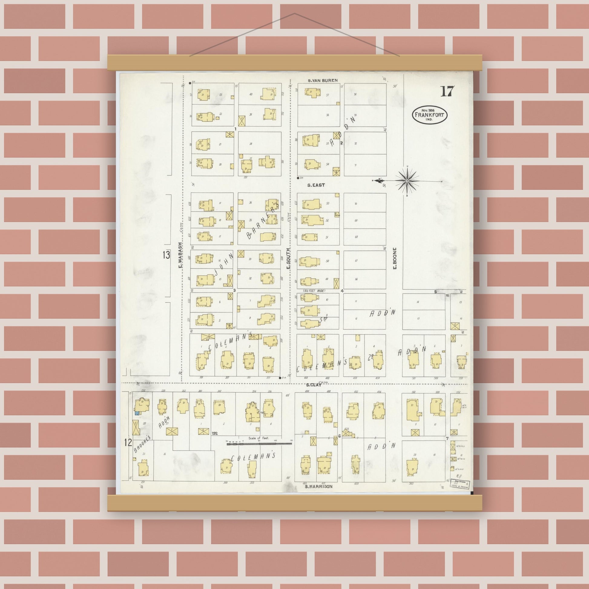 Old map wall art mockup — magnetic wood frame on brick wall — Sanborn Fire Insurance Map from Frankfort, Clinton County, Indiana (1906), Sheet #0017