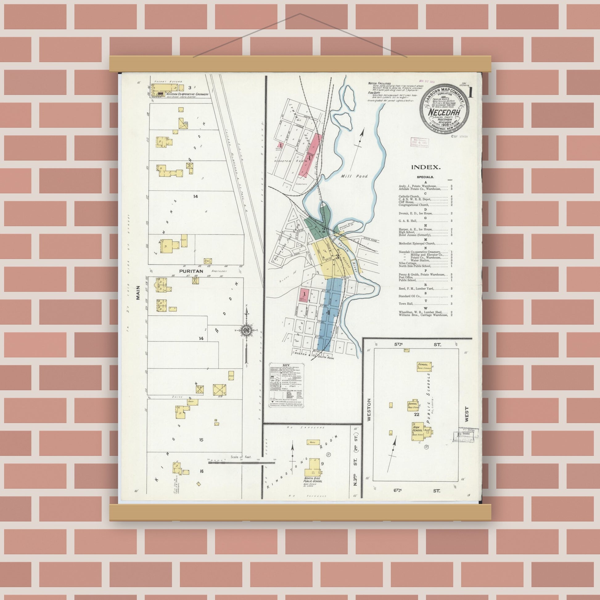 Old map wall art mockup — magnetic wood frame on brick wall — Sanborn Fire Insurance Map from Necedah, Juneau County, Wisconsin (1909) - Complete Map Set