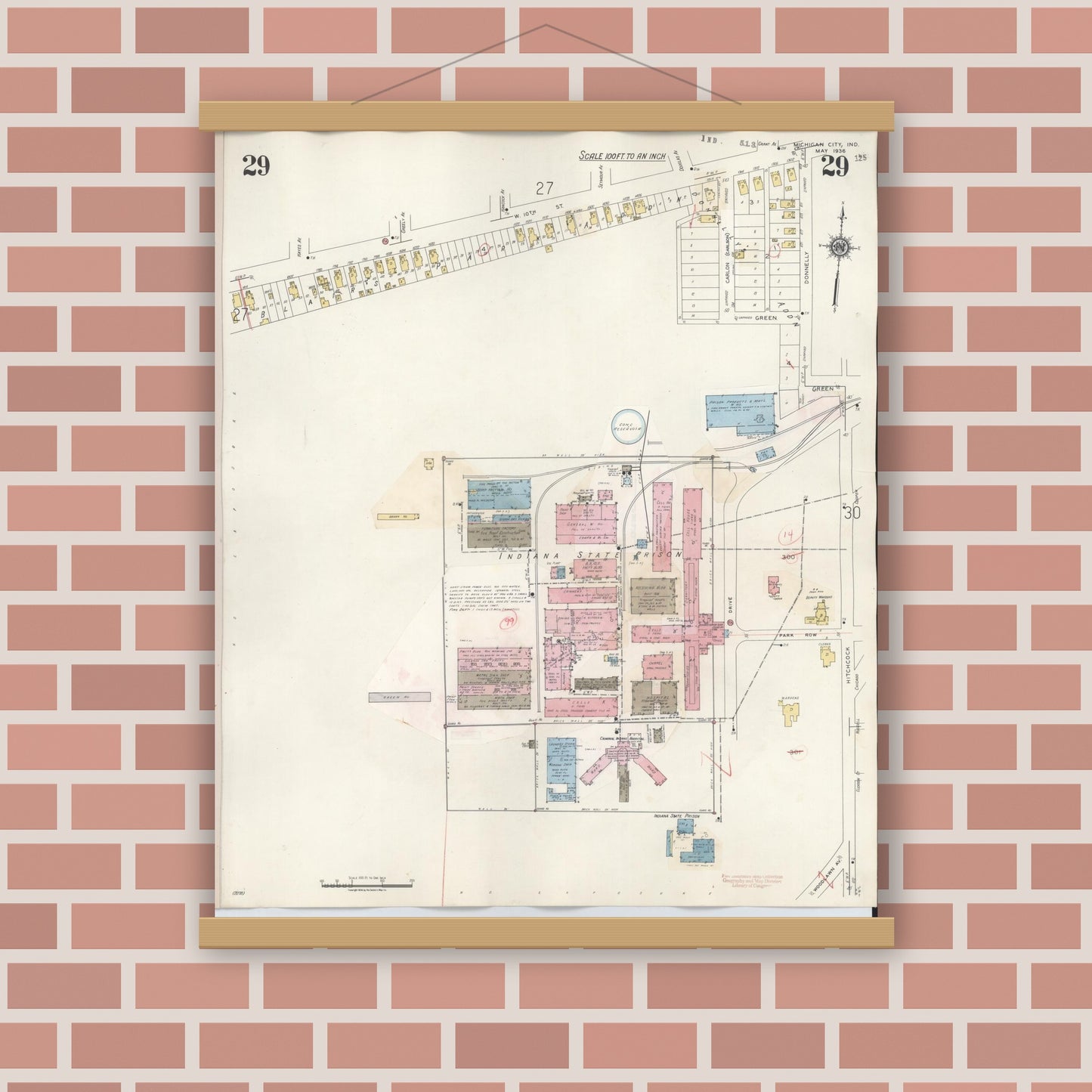 Old map wall art mockup — magnetic wood frame on brick wall — Sanborn Fire Insurance Map from Michigan City, La Porte County, Indiana (1948), Sheet #0029