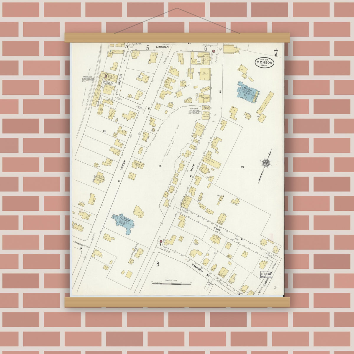 Old map wall art mockup — magnetic wood frame on brick wall — Sanborn Fire Insurance Map from Monson, Hampden County, Massachusetts (1911), Sheet #0007