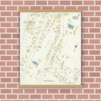 Old map wall art mockup — magnetic wood frame on brick wall — Sanborn Fire Insurance Map from Monson, Hampden County, Massachusetts (1911), Sheet #0007