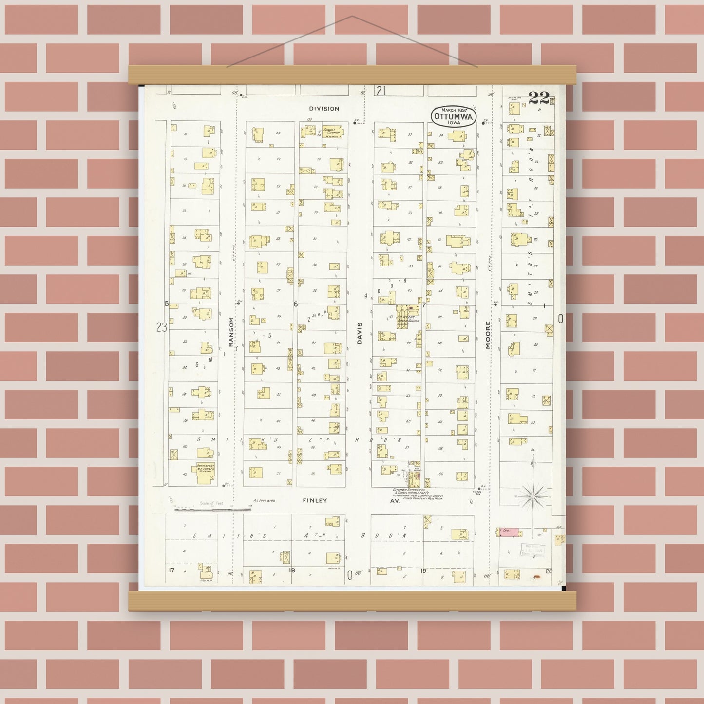 Old map wall art mockup — magnetic wood frame on brick wall — Sanborn Fire Insurance Map from Ottumwa, Wapello County, Iowa (1897), Sheet #0022