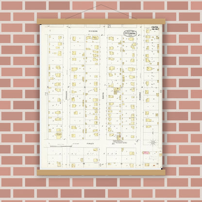 Old map wall art mockup — magnetic wood frame on brick wall — Sanborn Fire Insurance Map from Ottumwa, Wapello County, Iowa (1897), Sheet #0022