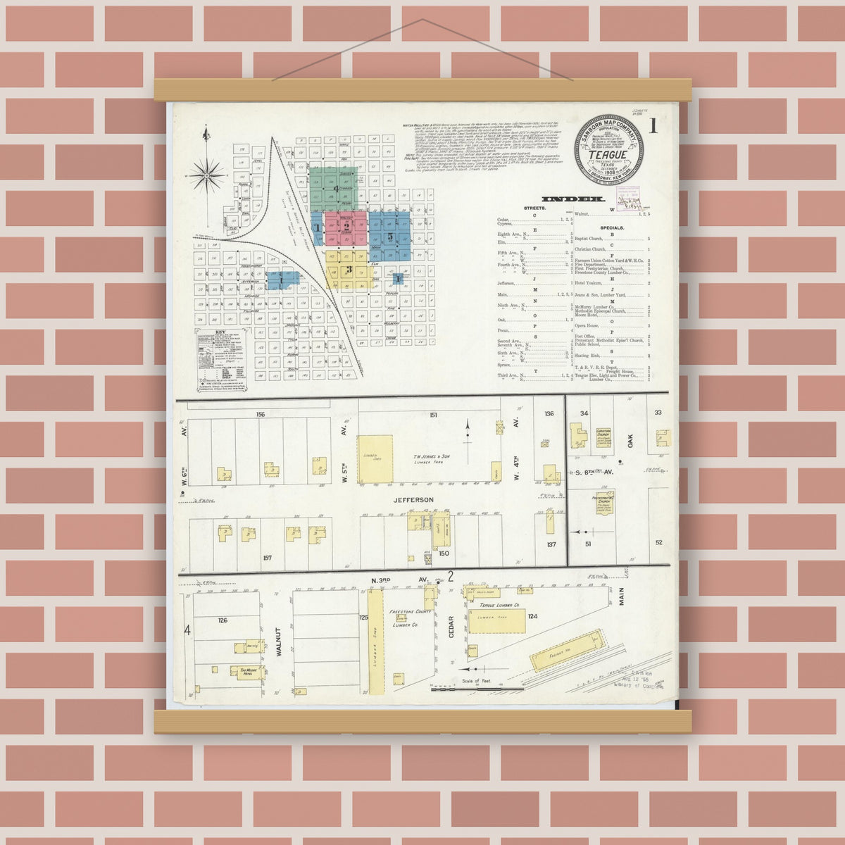 Old map wall art mockup — magnetic wood frame on brick wall — Sanborn Fire Insurance Map from Teague, Freestone County, Texas (1908), Sheet #0001