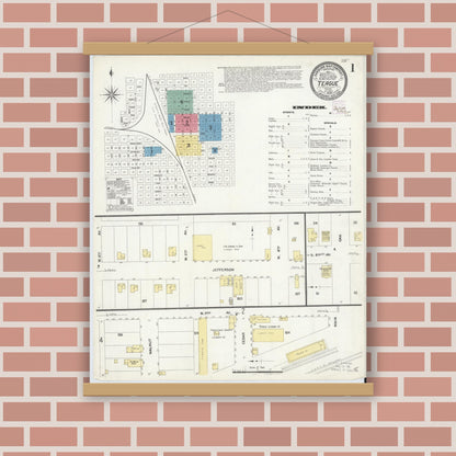 Old map wall art mockup — magnetic wood frame on brick wall — Sanborn Fire Insurance Map from Teague, Freestone County, Texas (1908), Sheet #0001