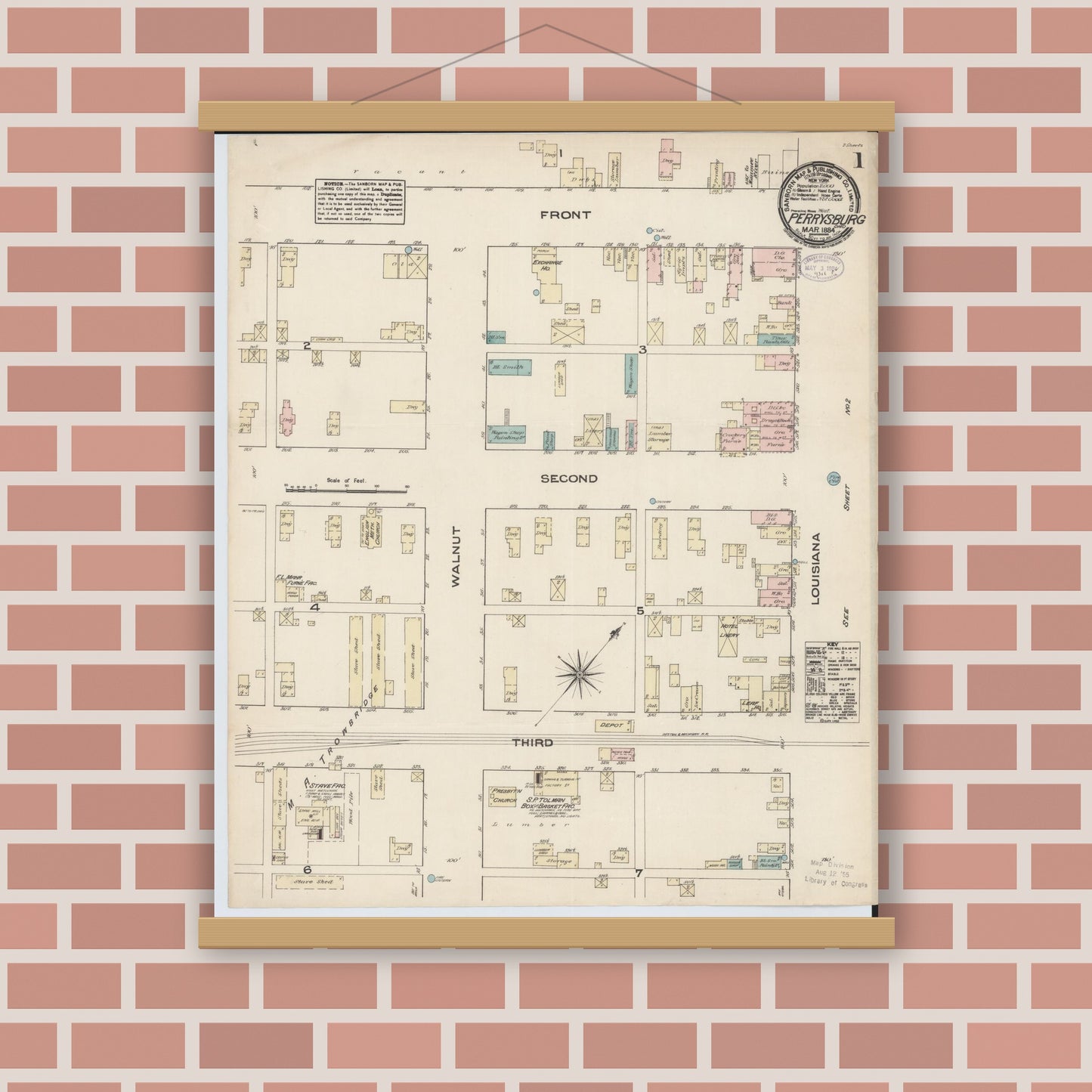 Old map wall art mockup — magnetic wood frame on brick wall — Sanborn Fire Insurance Map from Perrysburg, Wood County, Ohio (1884) - Complete Map Set